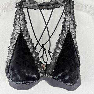 NWT Victorias Secret PINK Velvet Star Lace Bralette Black Strappy Trim Sz L Goth